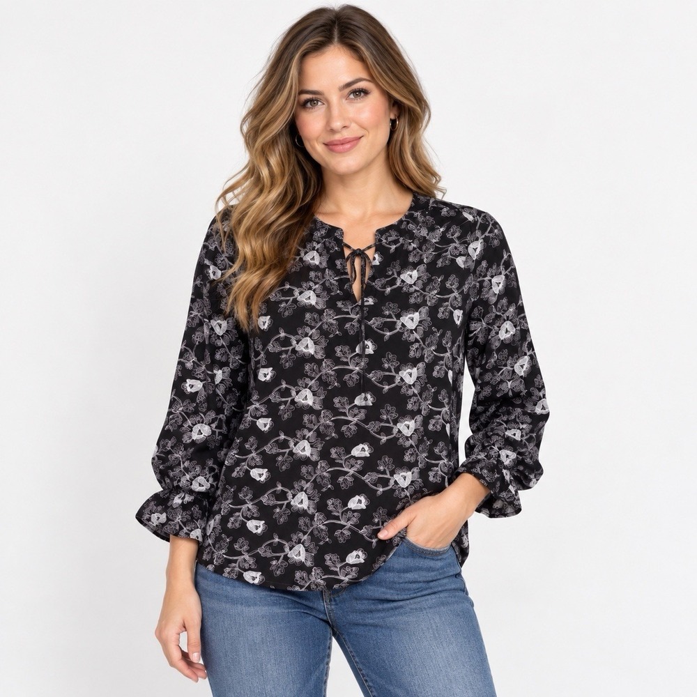 kindred anthropologie peasant blouse top black embroidered floral print L